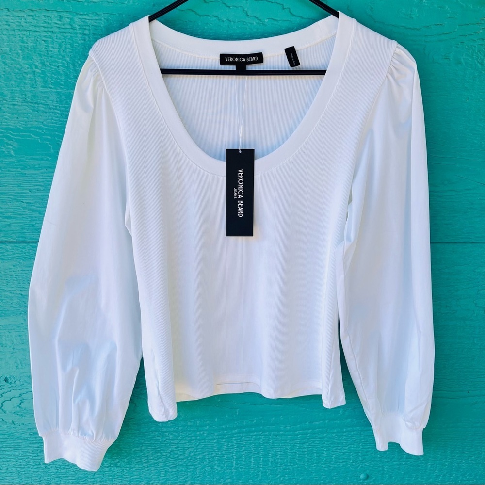 VERONICA BEARD WHITE MIXED MEDIA PUFF SLEEVES RIBBED TOP SIZE LARGE NWT $198.
